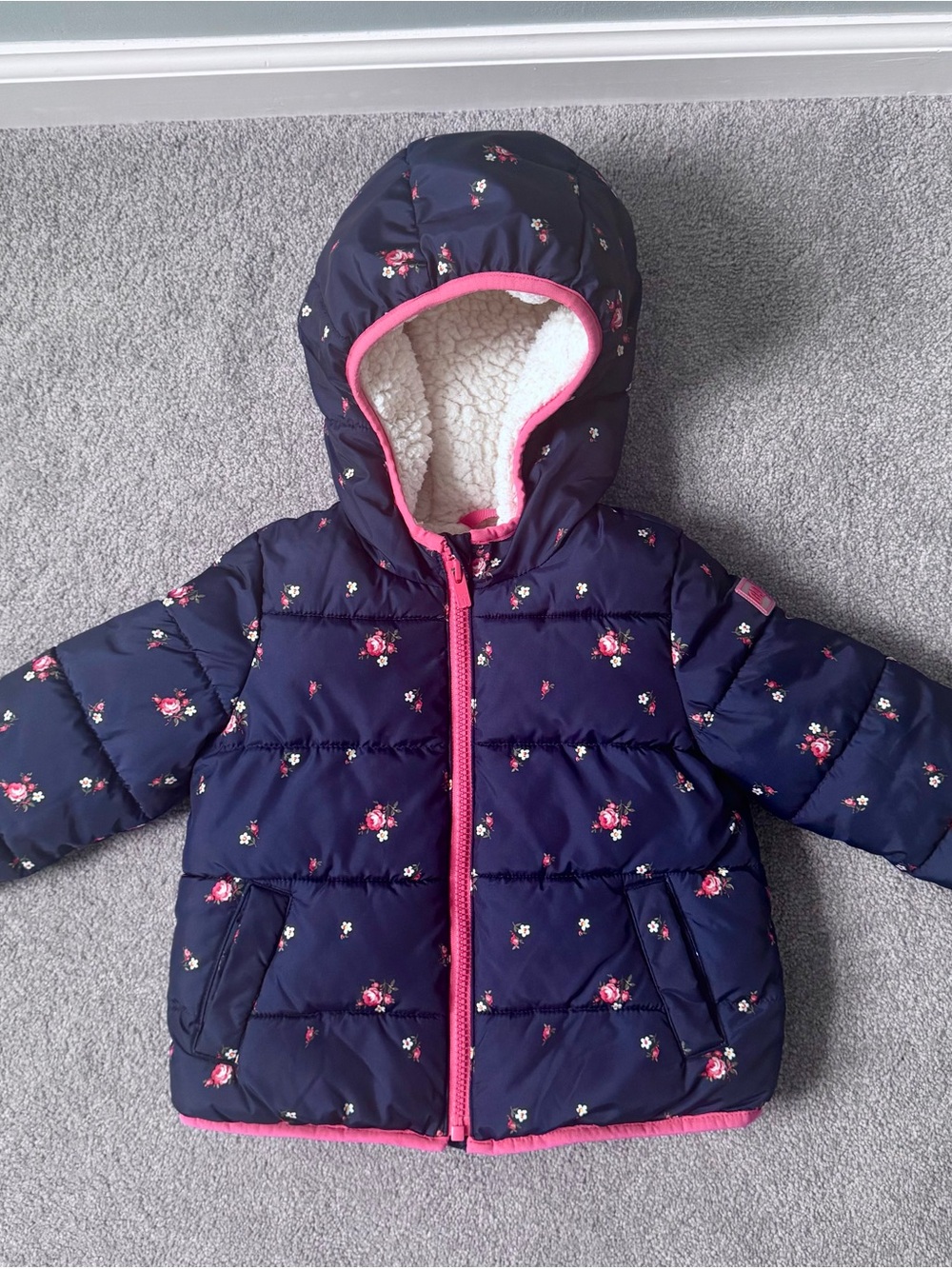 Gap Toddler Floral Puffer Jacket with Hood - Navy and Pink